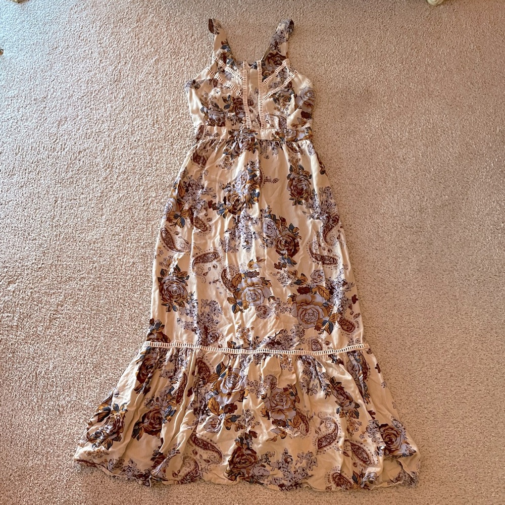 Anthropologie high neck open back floral maxi midi prairie ruffled dress XS
